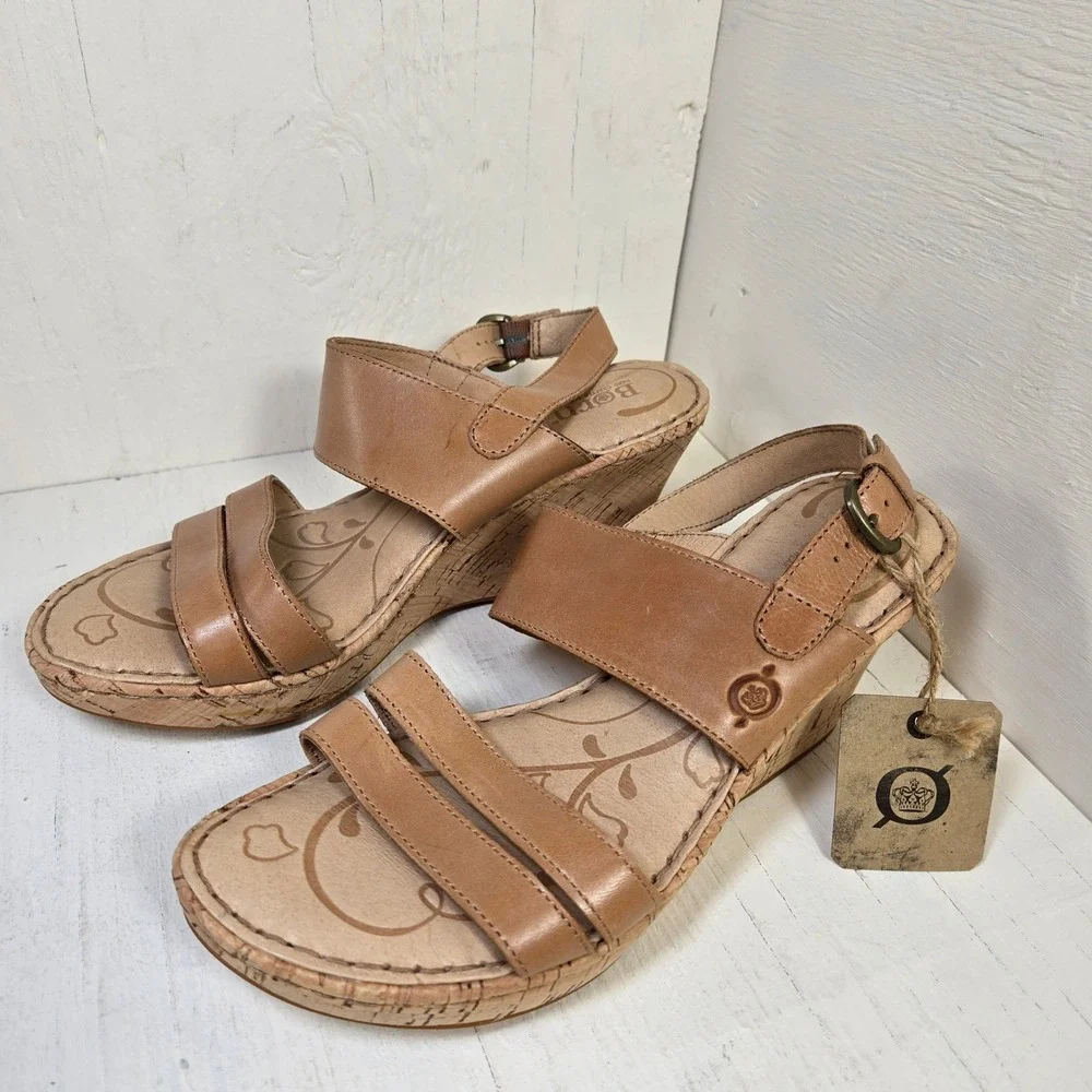 Born Hand Crafted Womens Tan Leather Cork Wedge Sandals Slingback Buckle Size 8M